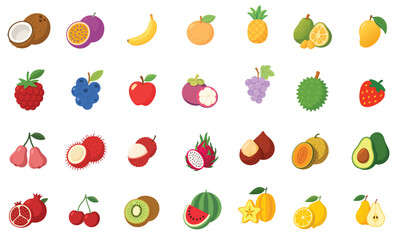 Variety of Fresh Fruits Icon Set. Flat Design Collection including Mango, Dragon Fruit, Coconut, and Berries.