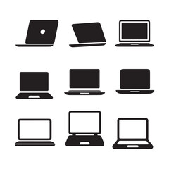 Set of Various Laptop Computer Vector Silhouettes on Black and White Background. 