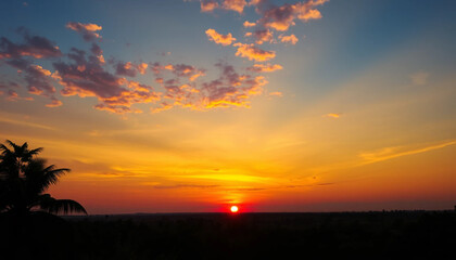 Colorful sunset sky glowing above wild jungle
