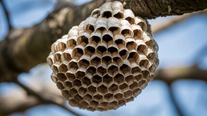 Close up of wasp nest hanging on tree branch outdoor nature insect hive honeycomb cells