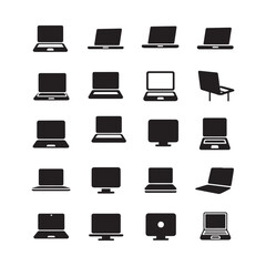 Set of Various Laptop Computer Vector Silhouettes on Black and White Background. 