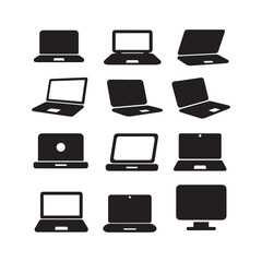 Set of Various Laptop Computer Vector Silhouettes on Black and White Background. 