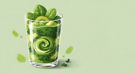 Refreshing Green Smoothie with Kiwi and Spinach in a Glass.