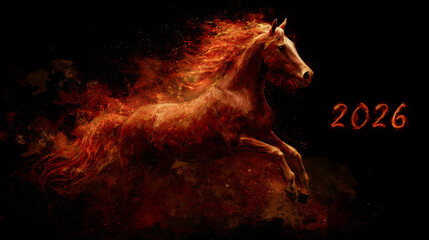 Vibrant horse poster showcases a majestic horse in flames for the year 2026
