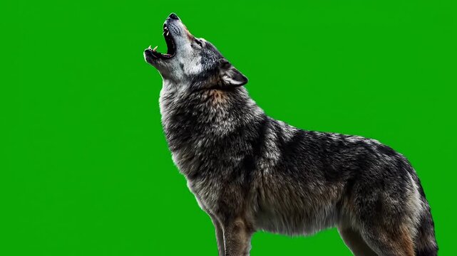 Majestic wolf howling against a vibrant green backdrop, embodying wild spirit and primal calls.