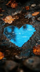Fototapeta premium A blue heart is reflected in a puddle of water. The image has a melancholic and reflective mood