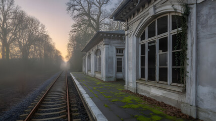 Abandoned railway station at sunrise