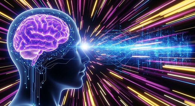 Human brain with glowing purple neural network and light speed effect
