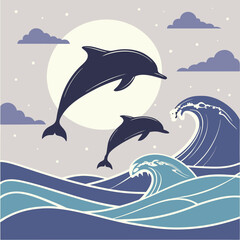 Obraz premium Dolphins Jumping Silhouette Vector – Ocean and Marine Life Illustration