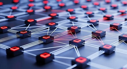 Abstract network of interconnected nodes with glowing red lights