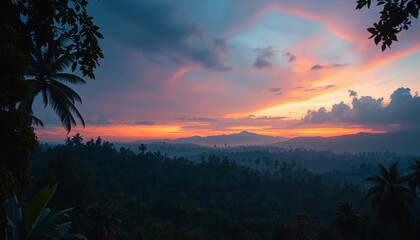 Magical twilight jungle horizon glowing with soft