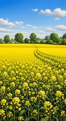 A vibrant landscape showcases a field of bright yellow flowers, with a winding pathway leading through the blossoms under a clear blue sky filled with fluffy clouds.