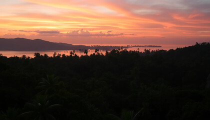Wild twilight jungle glowing with vivid sunset