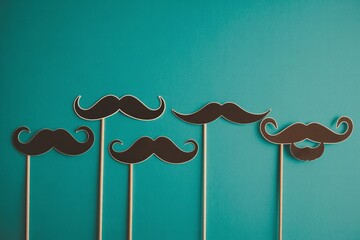 Variety of black mustache photo booth props on sticks against a vibrant teal background for Movember and men's health events
