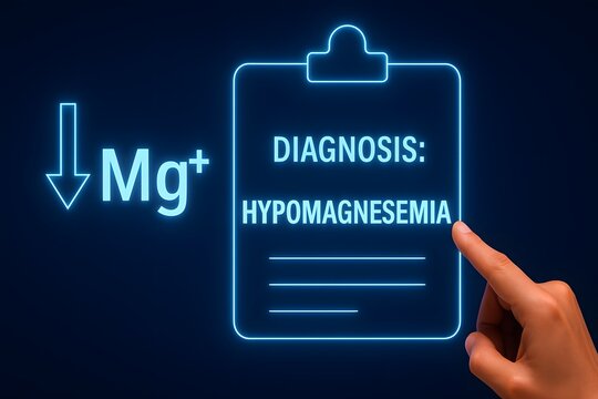 Glowing clipboard illustration highlighting hypomagnesemia diagnosis and magnesium deficiency, ideal for medical awareness visuals.