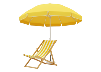 Yellow striped beach chair with matching sun umbrella.