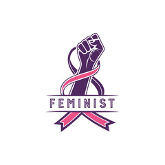 Feminist symbol featuring a raised fist and a pink ribbon illustration