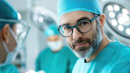 male surgeon performing operation in modern operating room with surgical team and medical equipment