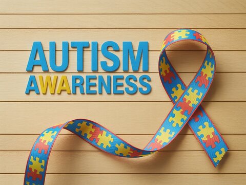 Autism Awareness concept with large blue block letters and a colorful puzzle piece ribbon on a light brown wooden background