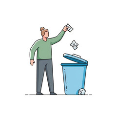 Person tossing paper into blue trash can promoting cleanliness and waste management isolated on transparent background