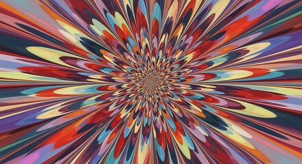 A vibrant, radiating design featuring a burst of multicolored, overlapping shapes that create a dynamic and eye-catching pattern.