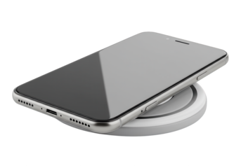 Smartphone rests on a round wireless charging pad.