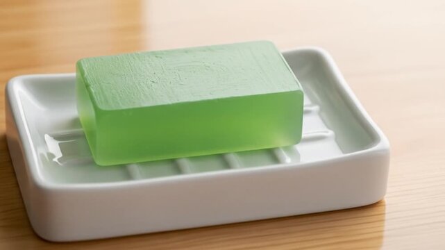 Fresh green soap bar in a white dish
