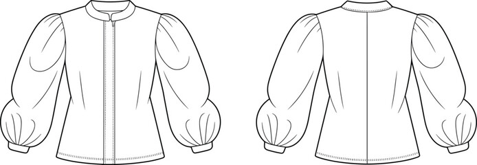 Women's blouse fashion illustration, technical flat sketch, puff sleeve garment design, front and back view, zipper closure, princess seams, vector template © MD. NUR ISLAM