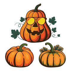 Halloween Pumpkin Collection Festive Jack O Lanterns with Sunglasses and Foliage Vector Graphic