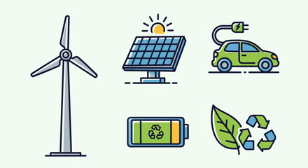 Icons for renewable energy wind turbine, solar panel, electric car, battery, leaf, recycle symbol