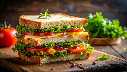 A stacked sandwich with multiple layers of fresh ingredients, including cheese, tomatoes, and lettuce, served on a wooden board with greens in background