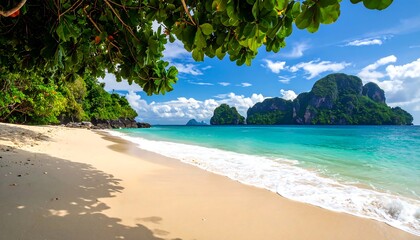 Stunning beach scene with vibrant turquoise water and green foliage
