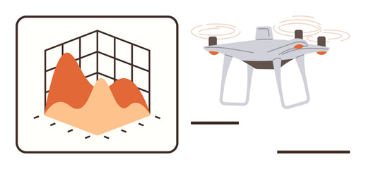 A quadcopter alongside a 3D terrain map grid representing data capture, mapping, and elevation analysis. Ideal for geospatial mapping, technology, innovation, aerial surveying, data analysis