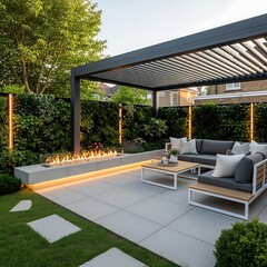 Elegant outdoor patio area with a modern pergola, fire pit, and comfortable seating, bathed in soft evening light.