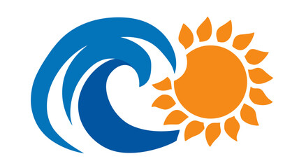 Obraz premium Stylized blue ocean wave and bright orange sun icon. Abstract symbol for summer, beach vacation, tropical travel, and good weather.