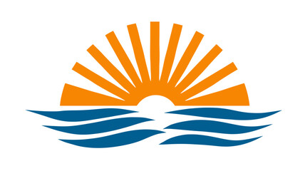 Abstract graphic illustration of a vibrant orange sun rising over blue ocean waves, symbolizing dawn, new beginnings, and tropical travel