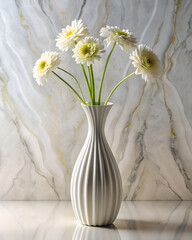 Modern ceramic vase holding delicate white and yellow flowers in soft light