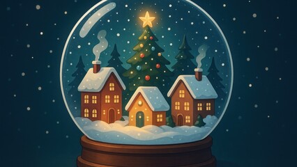 Fototapeta premium Cozy winter village snow globe wallpaper for desktop