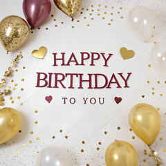 Festive happy birthday to you greeting card with balloons and confetti