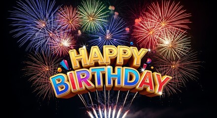 Vibrant 3D text "Happy Birthday" is displayed against a background of colorful fireworks exploding in the night sky.
