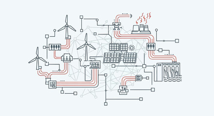 Diagram illustrating interconnected renewable and conventional energy sources feeding a grid