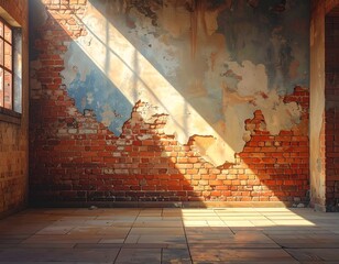 Sunlit interior reveals a distressed brick wall, aged building, and shadows