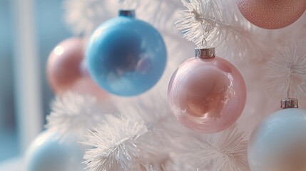 Christmas Ornaments in Soft Colors on White Christmas Tree, Perfect for Wallpaper, Poster, and Festive Home Decor Creations