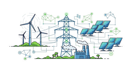 Renewable energy sources connect to power grid, illustration of sustainable electricity generation
