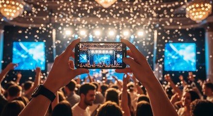 Capturing a concert with a smartphone amidst a crowd of cheering fans, confetti falling, stage lights illuminating the performance, and screens displaying visuals