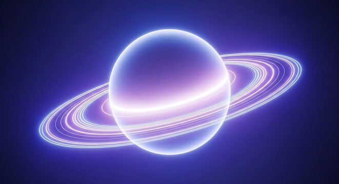 Glowing neon planet with rings in deep space - Powered by Adobe