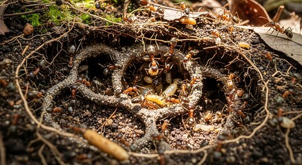A close-up view of a busy ant colony nestled within a complex network of roots and soil, revealing the intricate details of their underground home.