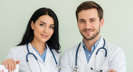Fototapeta premium Two doctors, a man and a woman, stand side by side in their white coats and stethoscopes, exuding confidence and professionalism in a medical setting