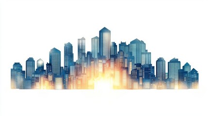 Naklejka premium A stunning skyline view under a vibrant sunrise, showcasing modern skyscrapers glowing in warm colors.