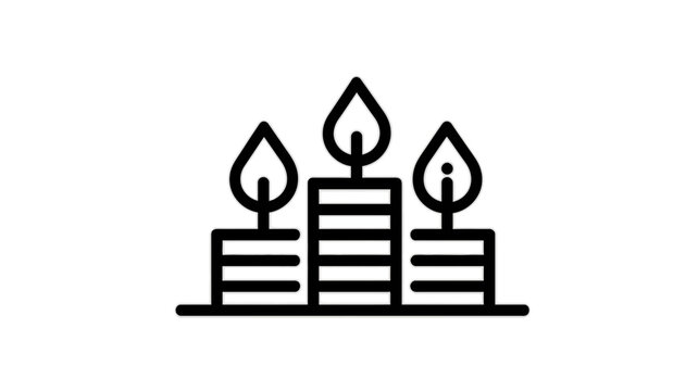 Vector icon of three burning outline candles with flames, representing light, celebration, peace, and mindfulness on a white background.